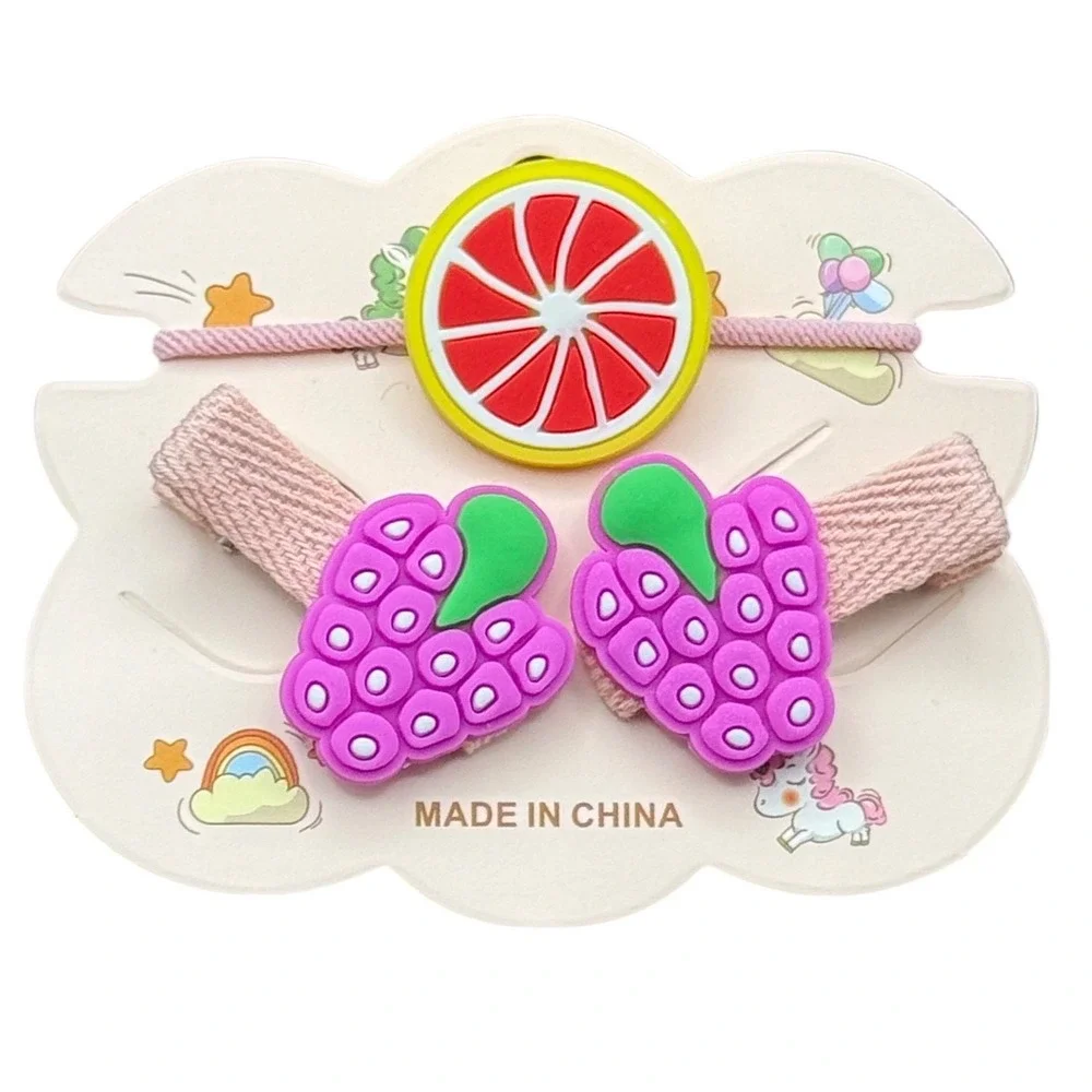 Kids Fruit Hair Accessory Set Pink Purple Grape Citrus Clips and Elastic Tie